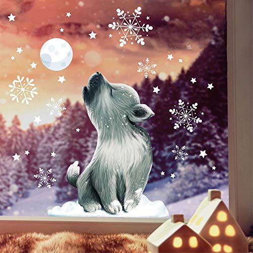 Wandtattoo Loft Fensterbild Weihnachten Wolf heulend Mond Schneeflocken Wiederverwendbare Fensteraufkleber Fensterdeko Kinder DIN A4 von Wandtattoo Loft