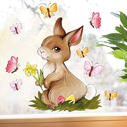 Wandtattoo-Loft Fensterbild Frühling Hase Blume Schmetterlinge Wiederverwendbare Fensteraufkleber Ostern von Wandtattoo-Loft
