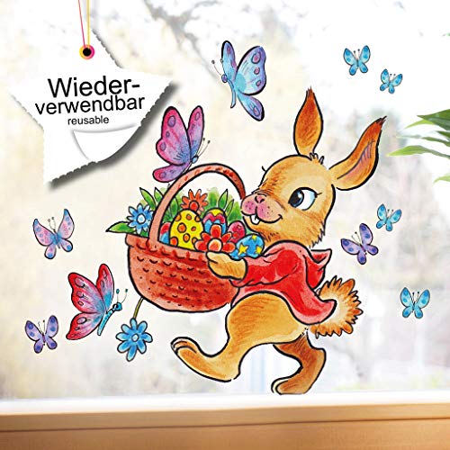 Fensterbilder Frühling Hase Osterkorb wiederverwendbare Fensteraufkleber Ostern 25 x 30 cm von Wandtattoo-Loft