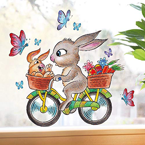 Wandtattoo-Loft Fensterbilder Frühling Hase auf Fahrrad Fensteraufkleber Ostern wiederverwendbar mit Schmetterlingen DIN A4 von Wandtattoo-Loft