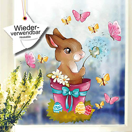 Wandtattoo-Loft Fensterbilder Frühling Hase im Blumentopf mit Schmetterlingen Wiederverwendbare Fensteraufkleber 25 x 30 cm Kinder von Wandtattoo-Loft