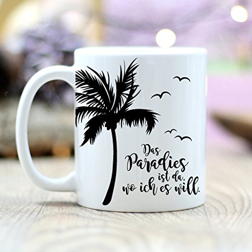 Wandtattoo-Loft Keramiktasse „Das Paradies ist da, wo ich es Will“ mit Palmen und Vögeln - Spülmaschinenfest von Wandtattoo-Loft