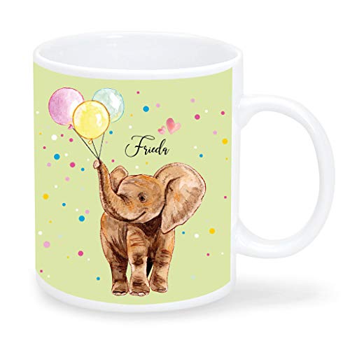 Wandtattoo Loft Kinderbecher Niedlicher Elefant mit Luftballons und Wunschnamen- Tasse Grün von Wandtattoo Loft