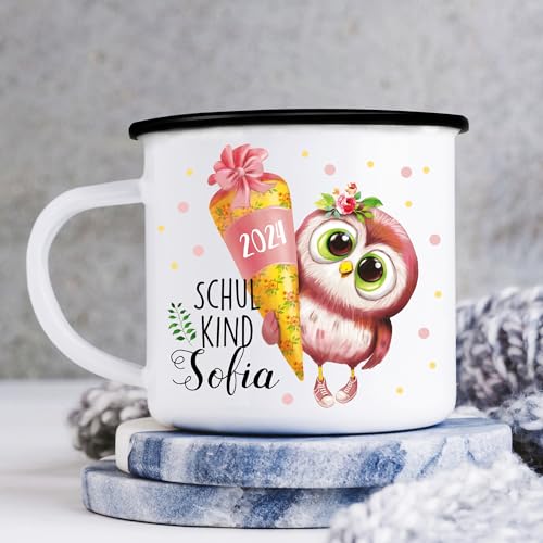 Wandtattoo Loft Kindertasse Emaille Becher Eule Schulkind Mädchen Einschulung Geschenk Einschulungsgeschenk, schwarz von Wandtattoo Loft