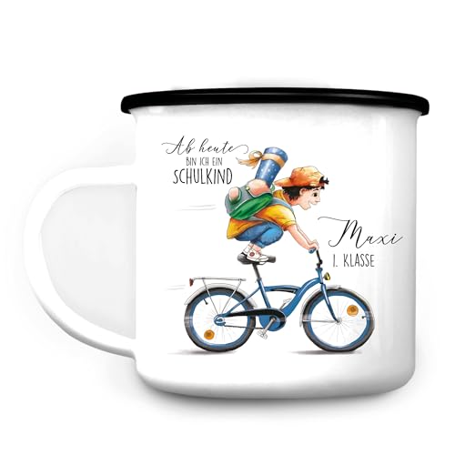 Wandtattoo Loft Kindertasse Emaille Becher Junge auf dem Fahrrad Schulkind Einschulung Geschenk Schulkind, Schulanfang Wunschname, schwarz, blond von Wandtattoo Loft