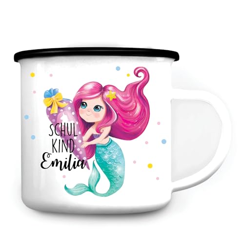 Wandtattoo Loft Kindertasse Emaille Becher Meerjungfrau rosa Mädchen Schulkind Einschulung Geschenk Schulanfang, schwarz von Wandtattoo Loft