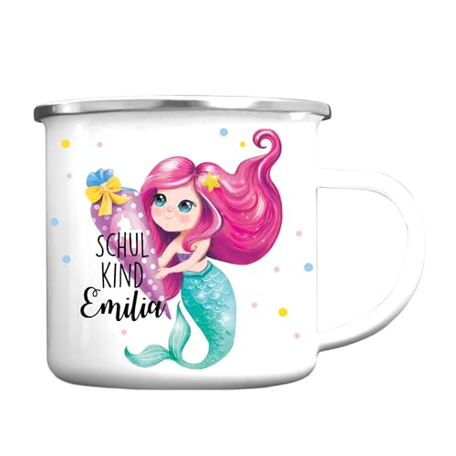 Wandtattoo Loft Kindertasse Emaille Becher Meerjungfrau rosa Mädchen Schulkind Einschulung Geschenk Schulanfang, silber von Wandtattoo Loft