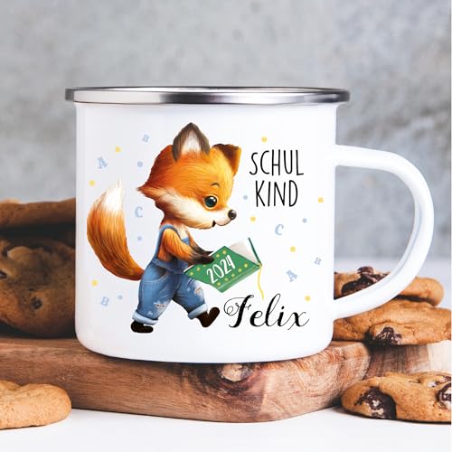 Kindertasse Emaille Tasse Campingbecher Fuchs Einschulung personalisiert mit Wunschnamen/silberner Becherrand von Wandtattoo Loft