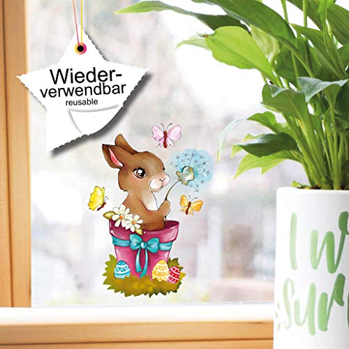 Wandtattoo Loft Mini Fensterbilder Frühling Hase im Blumentopf Wiederverwendbare Fensteraufkleber Ostern Fensterdeko Schmetterlinge von Wandtattoo Loft