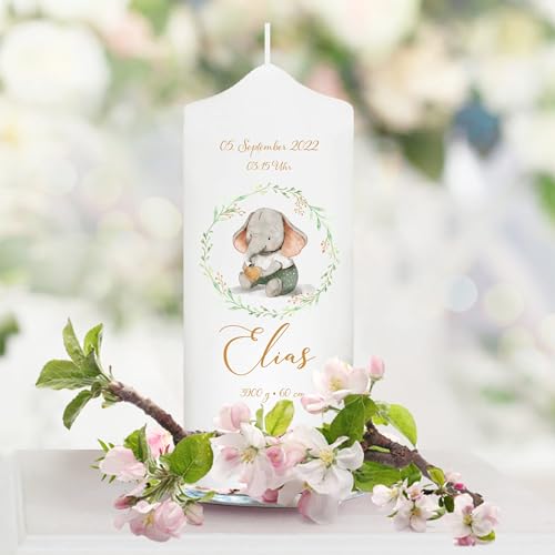 Wandtattoo Loft Patenkerze Junge oder Mädchen Motiv Elefant, 18cm x 7cm, personalisierte Kerze, bedruckte Kerze zur Geburt, Stumpenkerze, individuelles Baby Geschenk Wandtattoo Loft Patenkerze Junge oder Mädchen Motiv Elefant, 18cm x 7cm, personalisierte Kerze, bedruckte Kerze zur Geburt, Stumpenkerze, individuelles Baby Geschenk von Wandtattoo-Loft