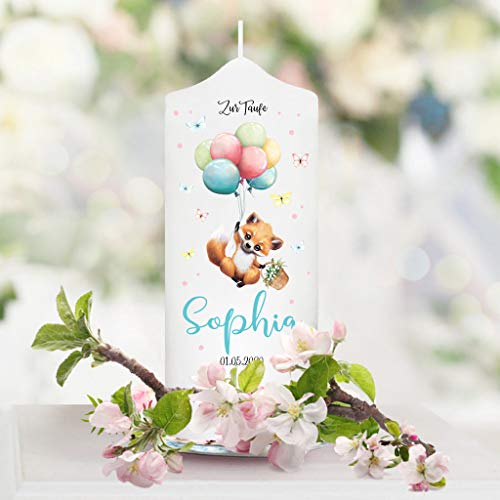 Wandtattoo Loft Taufkerze Junge oder Mädchen Motiv Fuchs mit Luftballon, 18cm x 7cm, personalisierte Kerze, bedruckte Kerze zur Taufe, Stumpenkerze, individuelles Taufgeschenk von Wandtattoo Loft