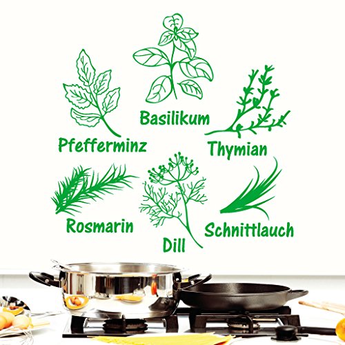 Wandtattoo-Loft "Schriftzug und Abbildung Kräuter Basilikum, Thymian, Schnittlauch, Dill, Rosmarin, Pfefferminz/Wandtattoo/Wandaufkleber / 54 Farben / 3 Größen/dunkelgrün / 55 cm hoch x 55 cm breit von Wandtattoo-Loft