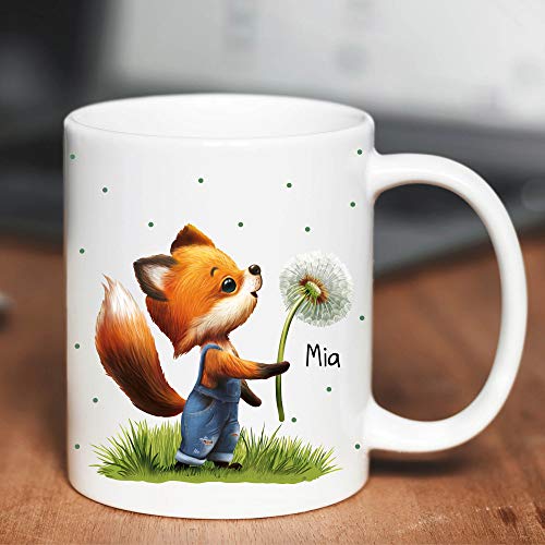 Wandtattoo Loft Tasse Bedruckt Fuchs mit Pusteblume personalisiert mit Wunschname Kaffeetasse Keramik/hochglänzende Oberfläche von Wandtattoo Loft