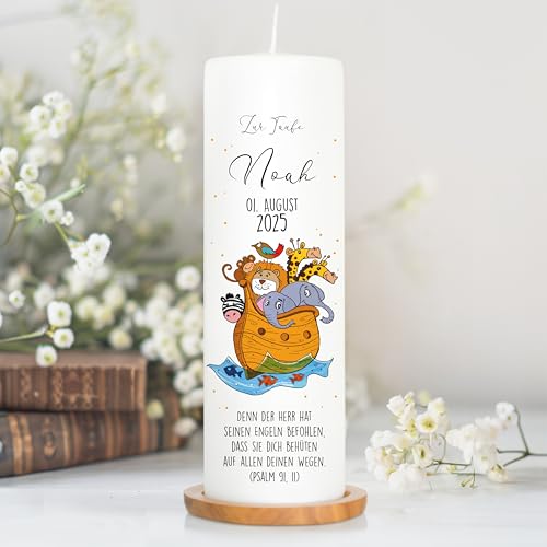 Wandtattoo Loft personalisierte Taufkerze Motiv Boot Arche Noah Tiere- Kerze zur Taufe, Geburt oder Kommunion – weiß 25 x 8 cm mit Name, Datum von Wandtattoo-Loft