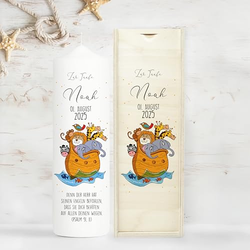 Wandtattoo Loft personalisierte Taufkerze, Motiv Boot Arche Noah Tiere- Kerze zur Taufe, Geburt oder Kommunion – weiß 25 x 7 cm von Wandtattoo-Loft