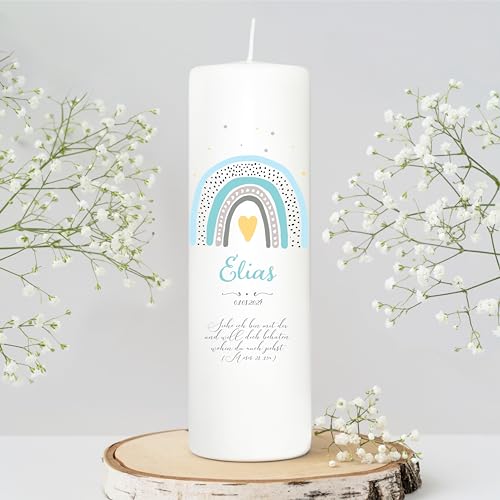 Wandtattoo Loft Taufkerze Junge mit Taufspruch, Motiv mit blauen Regenbogen, 25cm x 8cm, personalisierte Kerze, bedruckte Kerze zur Taufe, Stumpenkerze, Geburtskerze, individuelles Taufgeschenk Wandtattoo Loft Taufkerze Junge mit Taufspruch, Motiv mit blauen Regenbogen, 25cm x 8cm, personalisierte Kerze, bedruckte Kerze zur Taufe, Stumpenkerze, Geburtskerze, individuelles Taufgeschenk von Wandtattoo Loft