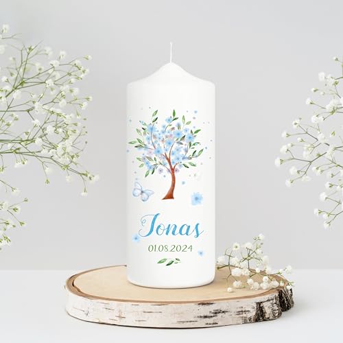 Wandtattoo Loft Taufkerze Mädchen oder Junge personalisierte Patenkerze, Motiv Baum mit Blüten, 18cm x 7cm, personalisierte Kerze, bedruckte Kerze Taufe, Stumpenkerze, individuelles Taufgeschenk von Wandtattoo Loft