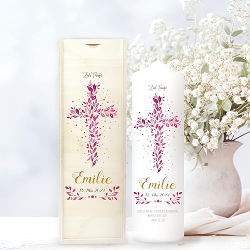 Wandtattoo Loft Taufkerze Mädchen Taufspruch, Motiv mit Kreuz aus pinken Blättern, 25cm x 7cm, personalisierte Kerze, bedruckte Kerze zur Taufe, Geburtskerze, Stumpenkerze, Taufgeschenk Wandtattoo Loft Taufkerze Mädchen Taufspruch, Motiv mit Kreuz aus pinken Blättern, 25cm x 7cm, personalisierte Kerze, bedruckte Kerze zur Taufe, Geburtskerze, Stumpenkerze, Taufgeschenk von Wandtattoo Loft