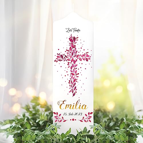 Wandtattoo Loft Taufkerze Mädchen Taufspruch, Motiv mit Kreuz aus pinken Blättern, 25cm x 8cm, personalisierte Kerze, bedruckte Kerze Taufe, Geburtskerze, Stumpenkerze, individuelles Taufgeschenk Wandtattoo Loft Taufkerze Mädchen Taufspruch, Motiv mit Kreuz aus pinken Blättern, 25cm x 8cm, personalisierte Kerze, bedruckte Kerze Taufe, Geburtskerze, Stumpenkerze, individuelles Taufgeschenk von Wandtattoo Loft