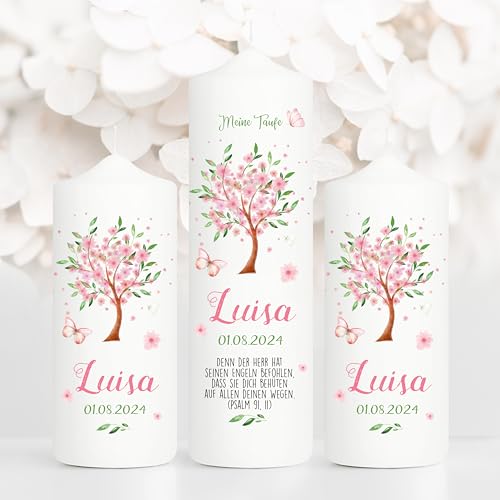 Wandtattoo Loft Taufkerze Mädchen oder Junge mit Taufspruch + 2 Patenkerzen, Motiv Baum mit Blüten, 25cm x 7cm, personalisierte Kerze, bedruckte Kerze Taufe, Stumpenkerze zur Taufe, Taufgeschenk Wandtattoo Loft Taufkerze Mädchen oder Junge mit Taufspruch + 2 Patenkerzen, Motiv Baum mit Blüten, 25cm x 7cm, personalisierte Kerze, bedruckte Kerze Taufe, Stumpenkerze zur Taufe, Taufgeschenk von Wandtattoo-Loft