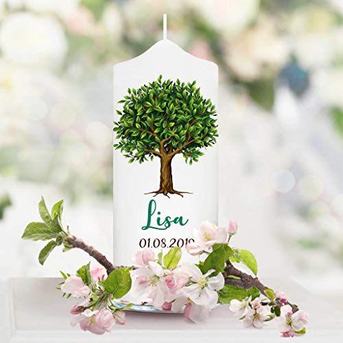 Wandtattoo Loft Taufkerze für Paten Lebensbaum Kerze Baum - Patenkerze Mädchen Junge Kerze weiß 17 x 7 cm mit Name und Datum von Wandtattoo Loft