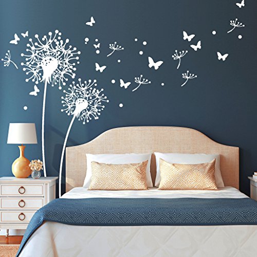 Wandtattoo-Loft "Zwei Pusteblumen mit fliegenden Pollen und Schmetterlingen/Löwenzahn/Dandelion/Schlafzimmer/Wandsticker/Wandaufkleber / 54 Farben / 3 Größen/rot / 141 cm breit x 122 cm hoch von Wandtattoo-Loft