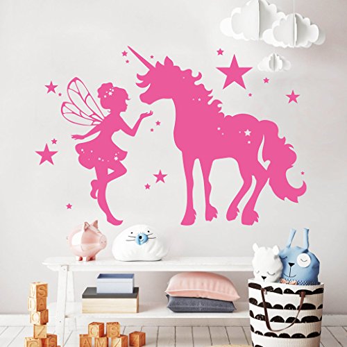 Wandtattoo Niedliche Elfe mit wunderschönem Einhorn/Lavendel / 80 cm hoch x 121 cm breit von Wandtattoo-Loft