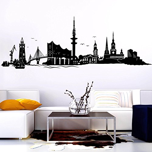 Wandtattoo Skyline Hamburg mit Elbphilharmonie von Wandtattoo-Loft® / Hafenstadt an der Elbe/Wandsticker/Wandaufkleber / 54 Farben / 3 Größen/schwarz / 45 cm hoch x 130 cm breit von Wandtattoo Loft