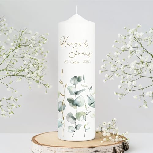 Weiße Hochzeitskerze Geburtstagskerze mit mehreren Eukalyptuszweigen Boho personalisiert Hochzeitsgeschenk Spruch, Hochzeitskerze von Wandtattoo Loft