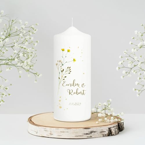 Weiße Hochzeitskerze Wildgrass Blätter Blume Hochzeit Boho Zweig personalisiert Hochzeitsgeschenk Valentinstagsgeschenk Jubiläum, Gastkerze 18 x 7 cm von Wandtattoo Loft