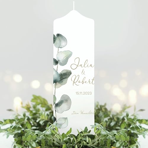 Weiße Hochzeitskerze mit Eukalyptuszweig Boho Personalisiert Hochzeit Kerze, Hochzeitskerze von Wandtattoo Loft