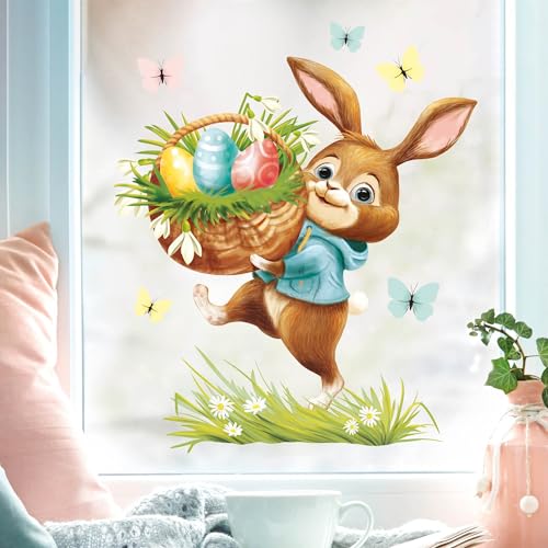 Wiederverwendbares Fensterbild Frühling Ostern Hase mit Eiern im Korb, Fensterdeko Kinderzimmer Kind, Frühlingsdeko, Osterdeko, 2. A3 Bogen von Wandtattoo Loft