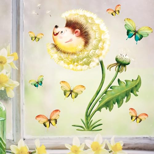 Wiederverwendbares Fensterbild Frühling Ostern Igel Pusteblume Schmetterlinge Fensterdeko Kinderzimmer Kind, Frühlingsdeko, Osterdeko, DIN A4 Bogen von Wandtattoo Loft