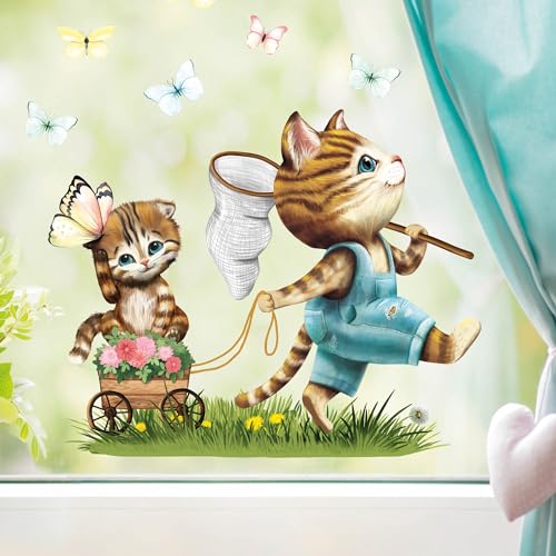 Wiederverwendbares Fensterbild Frühling Ostern Katze mit Schubkarre Schmetterlinge, Fensterdeko Kinderzimmer Kind, Frühlingsdeko, 1. A4 Bogen von Wandtattoo Loft