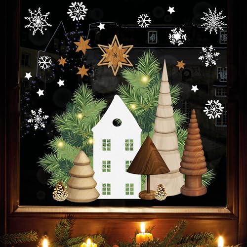 Wiederverwendbares Fensterbild Weihnachten Haus Tannenbäume Holzoptik Sterne Fensterdekoration Weihnachten Winter, 2. A3 Bogen von Wandtattoo Loft