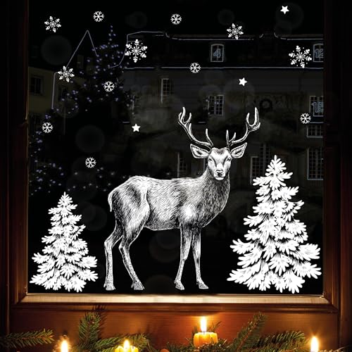 Wiederverwendbares Fensterbild weißer Hirsch Tannenbaum Schneeflocken Fensterdekoration Weihnachten Winter weiß, 2. A2 Bogen von Wandtattoo Loft