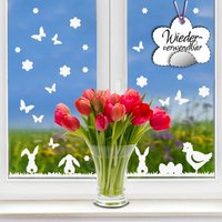 Fensteraufkleber Hase Henne Weiß Fensterdekoration Frühling Schmetterlinge Blumen Hasen Set Frühlingsdeko Osterdeko Wiederverwendbar von WandtattooLoftBaltic
