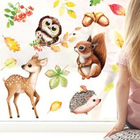 Fensteraufkleber Herbsttiere Set Rehkitz Eule Eichhörnchen Igel Mit Blätter Eichel Herbstlicher Fensterdeko von WandtattooLoftBaltic