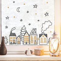 Fensteraufkleber Winterstadt Schlicht Strichzeichnung Sterne Mond Schwarz Beige Minimalistisch Weihnachtsdekoration Winter Wiederverwendbar von WandtattooLoftBaltic