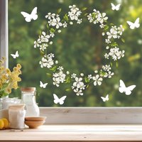 Fensterbild Blütenkranz Weiß Schmetterlinge Blätter Frühling Fensteraufkleber Fensterdeko Wiederverwendbare Eingang von WandtattooLoftBaltic