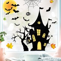 Fensterbild Halloween Haus Gruselhaus Spinnennetz Fledermäuse Gespenster Fensterdeko Kinderzimmer Kind Fensterfolie Fensterdekoration von WandtattooLoftBaltic