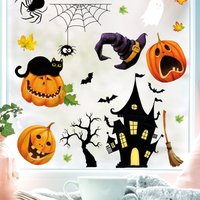 Fensterbild Halloween Katze Kürbisse Spinnennetz Fledermäuse Gruselhaus Fensterdeko Kinderzimmer Kind Fensterfolie Fensterdekoration von WandtattooLoftBaltic