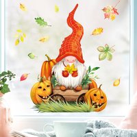Fensterbild Herbst Zwerg Mit Blättern Und Kürbissen, Herbstlicher Fensteraufkleber Fensterdeko von WandtattooLoftBaltic