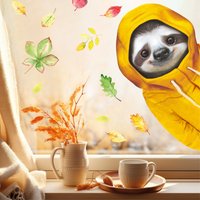 Fensterbild Reinschauendes Faultier Mit Gelber Regenjacke Bunte Blätter Herbst Herbstlicher Fensteraufkleber Fensterdeko Herbstdeko von WandtattooLoftBaltic