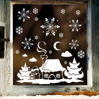 Fensterbild Weihnachten Haus Schneemann Fensteraufkleber Schneeflocken Wiederverwendbar Weihnachtsdeko Winterdeko Fensterfolie von WandtattooLoftBaltic