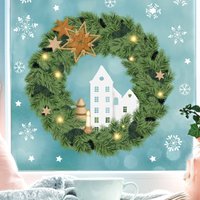 Fensterbild Weihnachten Weihnachtskranz Deko Winter Schneeflocken Stern Holzoptik Häuser Fensteraufkleber Fensterdeko Wiederverwendbar von WandtattooLoftBaltic
