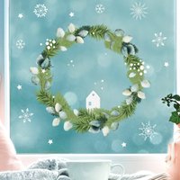 Fensterbild Weihnachten Weihnachtskranz Eukalyptus Deko Winter Schneeflocken Stern Holzoptik Fensteraufkleber Fensterdeko Wiederverwendbar von WandtattooLoftBaltic