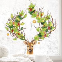 Fensterbild Weihnachten Winter Hirsch Mit Weihnachtlichem Geweih Und Schneeflocken Fensteraufkleber Fensterdeko Wiederverwendbar von WandtattooLoftBaltic