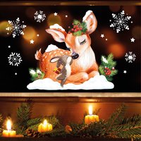 Fensterbild Weihnachten Winter Reh Mit Häschen Schneeflocken Wiederverwendbare Fensterfolie von WandtattooLoftBaltic
