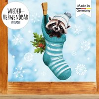 Fensterbild Weihnachten Winter Waschbär Socke Schneeflocken Kinderzimmer Fensterdeko Wiederverwendbar von WandtattooLoftBaltic